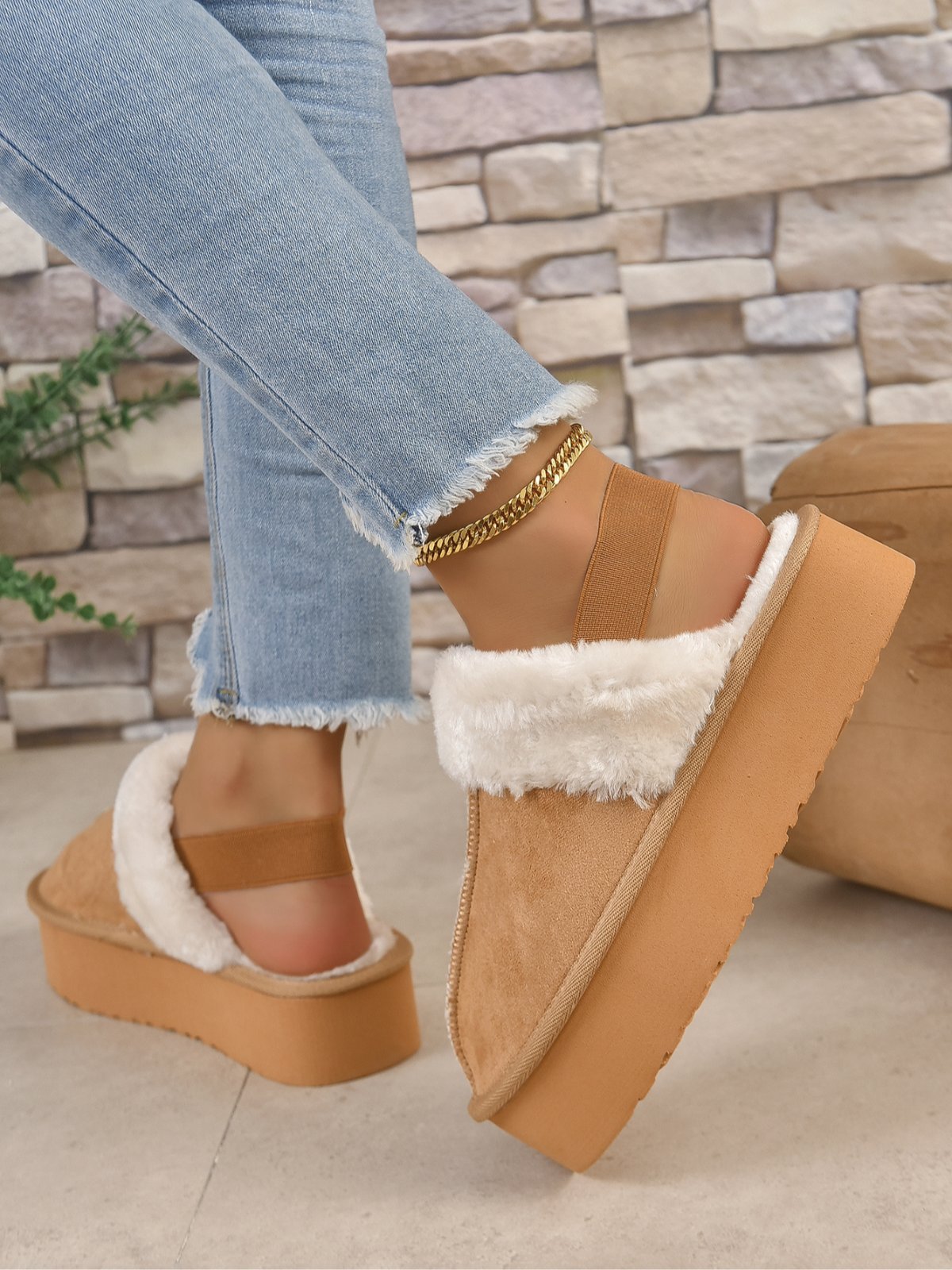Casual Faux Suede Warmth Furry Platform Slingback Shoes